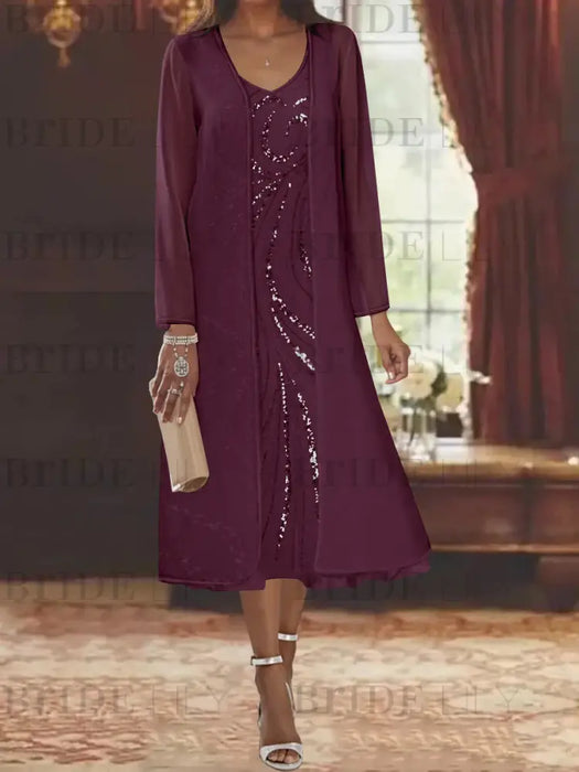 Plum chiffon mother of the bride tea length dress with long jacket