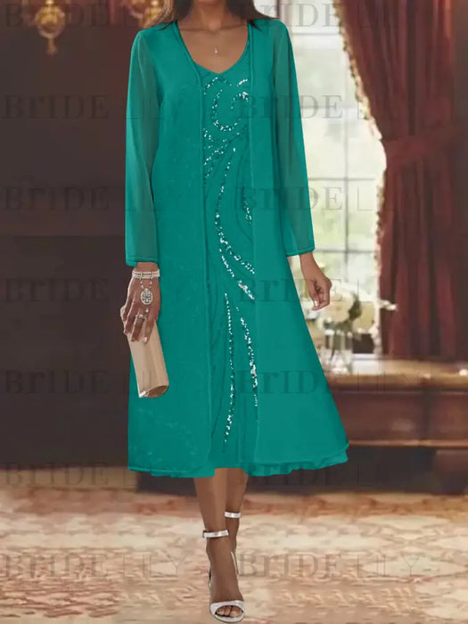 Pool chiffon mother of the bride tea length dress with long jacket