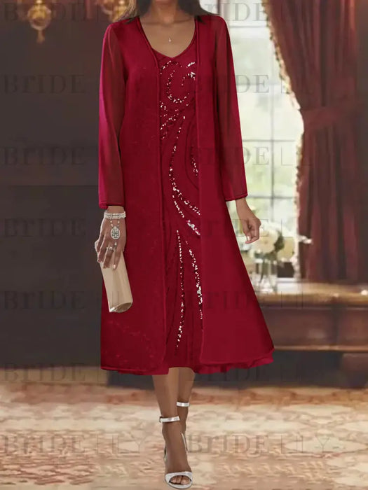 Red chiffon tea length dress with a sequin swirl and jacket