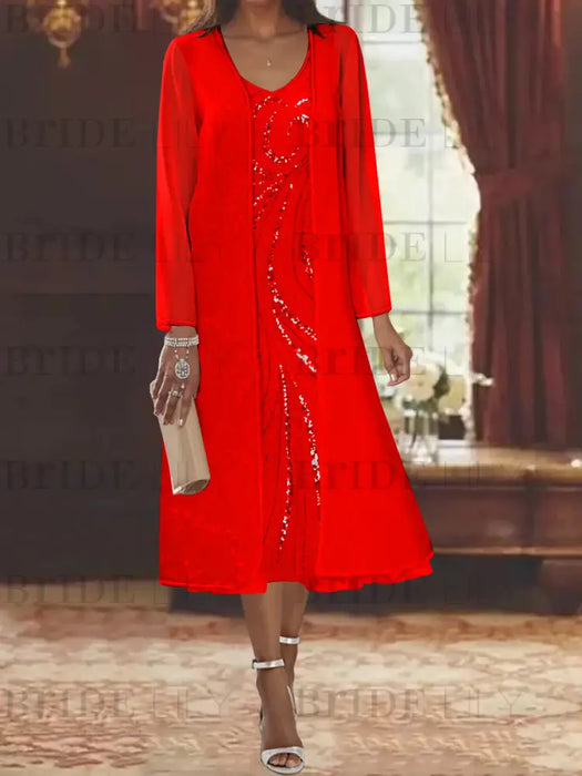 Red chiffon mother of the bride tea length dress with long jacket