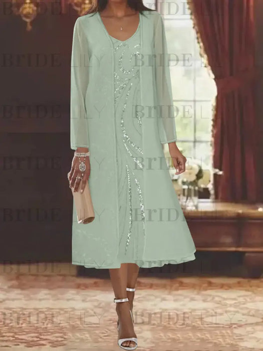 Sage chiffon mother of the bride tea length dress with long jacket