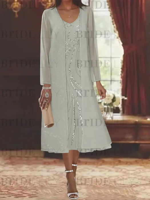 Silver chiffon mother of the bride tea length dress with long jacket
