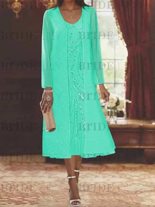 Spa chiffon mother of the bride tea length dress with long jacket