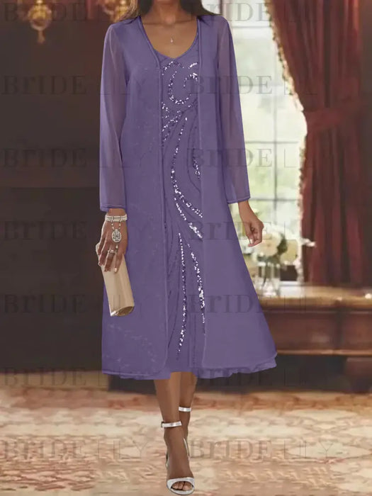 Tahiti chiffon mother of the bride tea length dress with long jacket