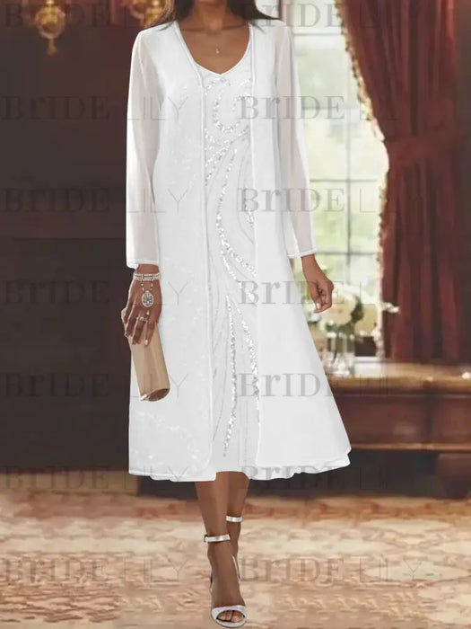White chiffon mother of the bride tea length dress with long jacket
