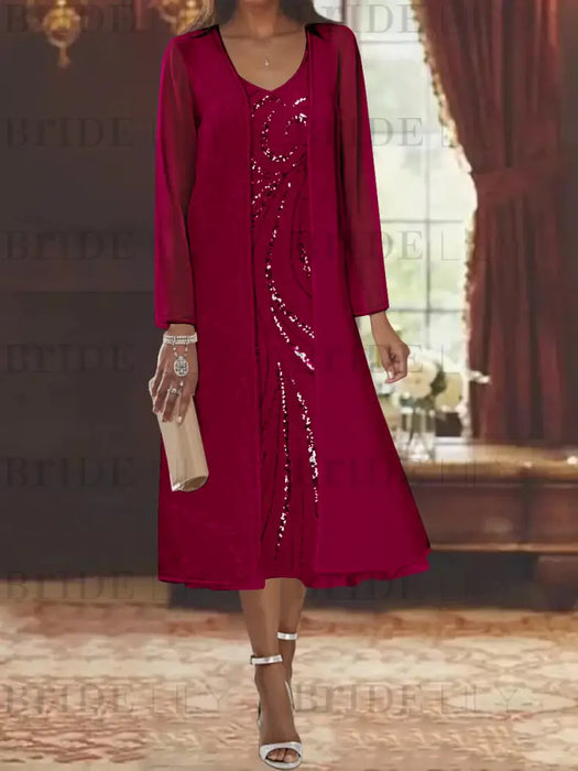 Wine Red chiffon mother of the bride tea length dress with long jacket