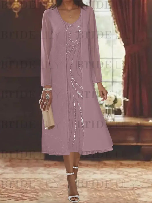 Wisteria chiffon mother of the bride tea length dress with long jacket