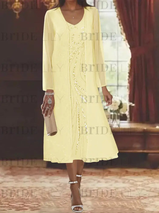 Yellow chiffon mother of the bride tea length dress with long jacket
