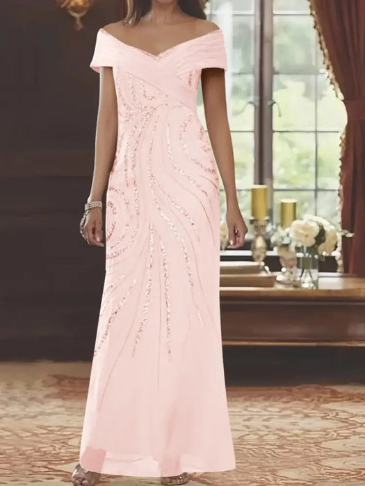 Sequin swirl embroidered chiffon column gown in blush pink