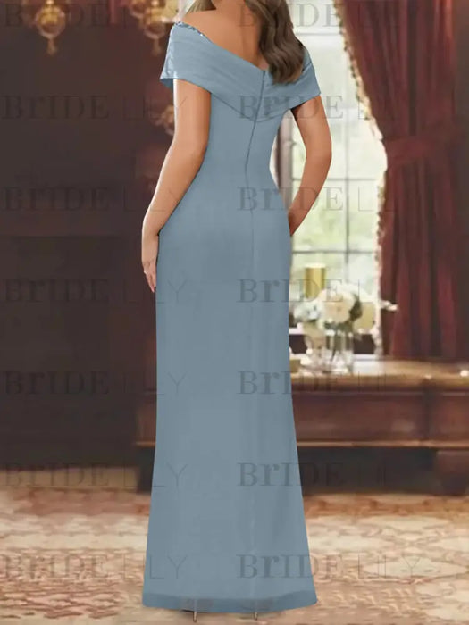 Back view of the dusty blue sequin chiffon column gown