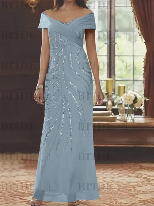 Sequin swirl embroidered chiffon column gown in dusty blue