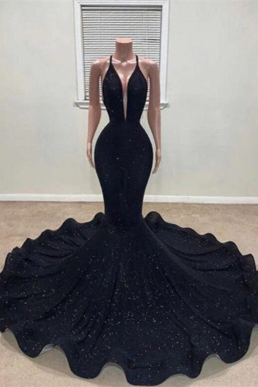 Sequined Black Halter Mermaid Prom Dress-Bridelily