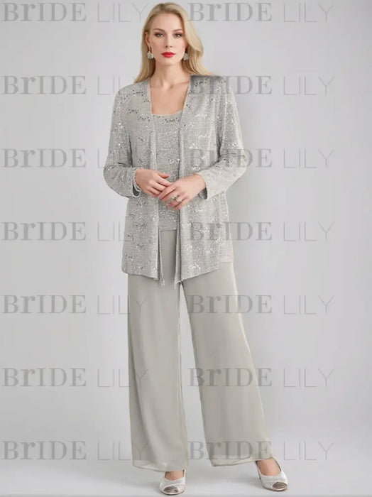 Sequined Chiffon Pantsuits for the Mother of the Bride with Jacket