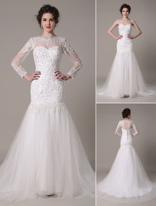Sequined Wedding Dress Detachable Neckline Lace Applique Mermaid Court Train Bridal Dress misshow