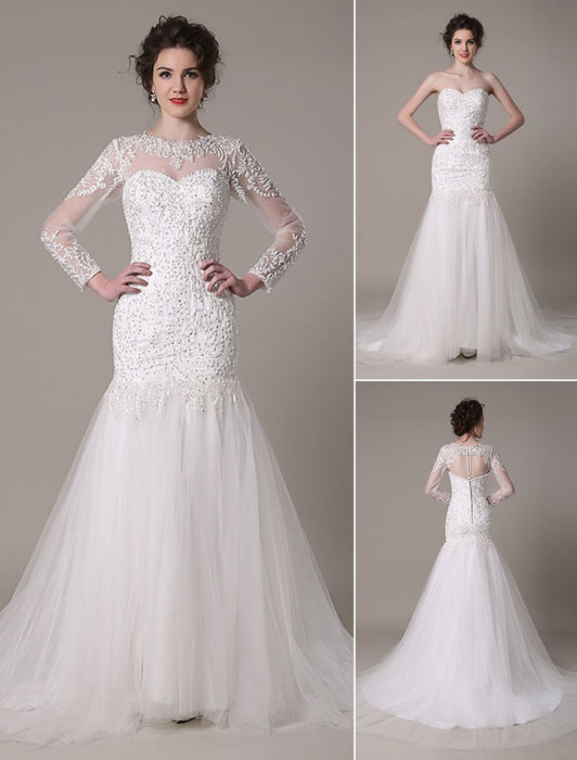 Sequined Wedding Dress Detachable Neckline Lace Applique Mermaid Court Train Bridal Dress misshow