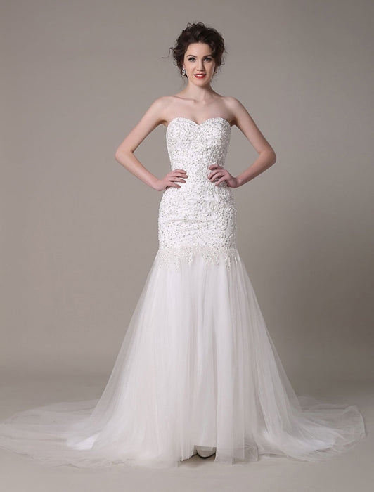Sequined Wedding Dress Detachable Neckline Lace Applique Mermaid Court Train Bridal Dress misshow