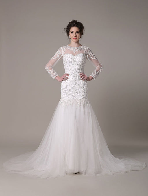 Sequined Wedding Dress Detachable Neckline Lace Applique Mermaid Court Train Bridal Dress misshow