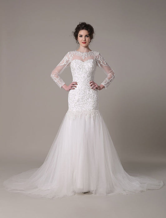 Sequined Wedding Dress Detachable Neckline Lace Applique Mermaid Court Train Bridal Dress misshow