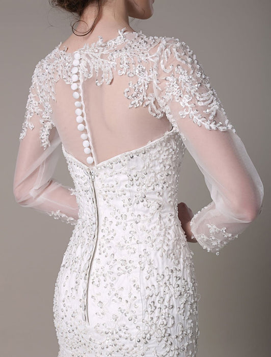 Sequined Wedding Dress Detachable Neckline Lace Applique Mermaid Court Train Bridal Dress misshow