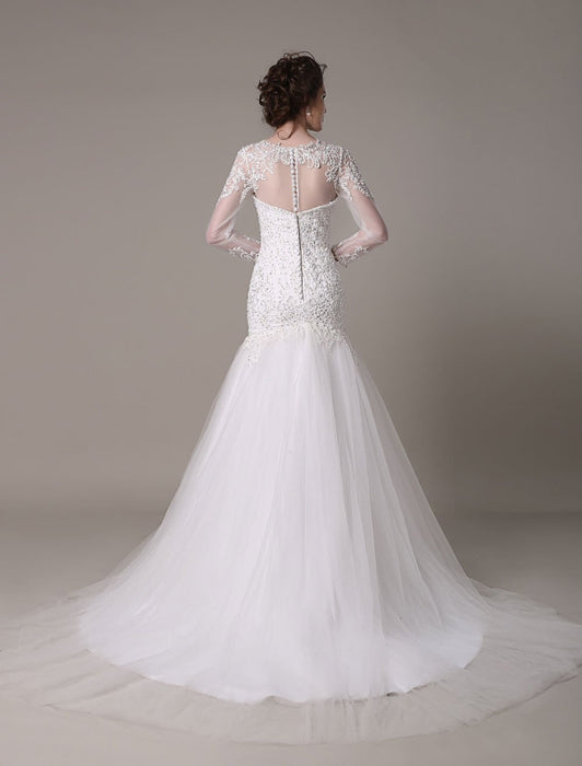 Sequined Wedding Dress Detachable Neckline Lace Applique Mermaid Court Train Bridal Dress misshow