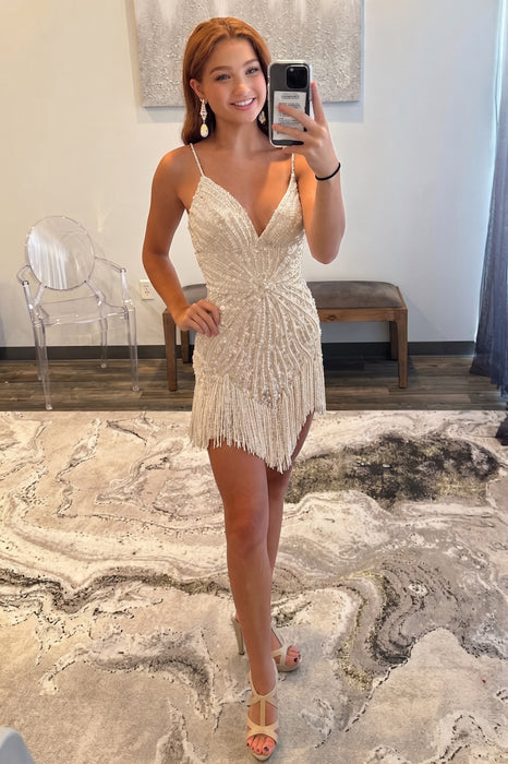 Sparkly White Beaded Tight Short Homecoming Dress with Fringes