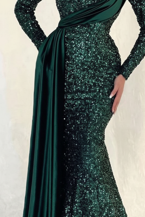 Sequins Long Sleeves High Collar Mermaid Prom Dress with Ruffle