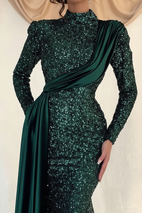 Sequins Long Sleeves High Collar Mermaid Prom Dress with Ruffle