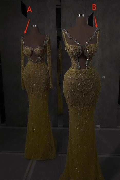 Gold Sequins Mermaid Prom Dress Cut Out V-Neck Long Beading Dress
