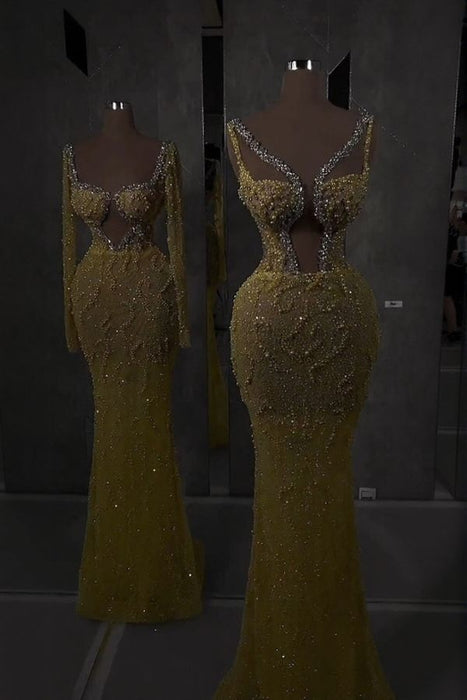 Gold Sequins Mermaid Prom Dress Cut Out V-Neck Long Beading Dress