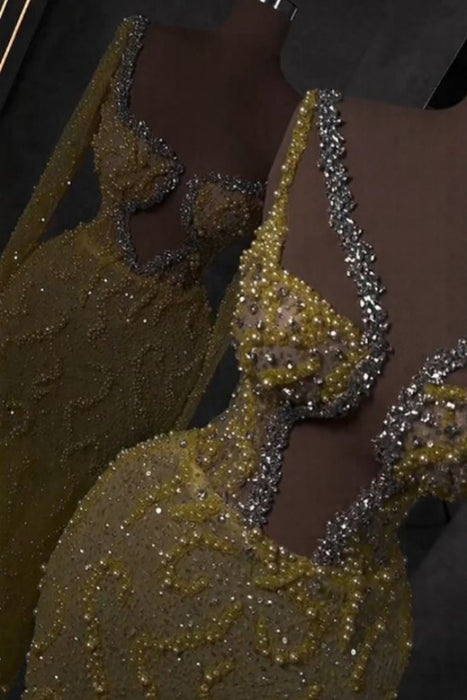Gold Sequins Mermaid Prom Dress Cut Out V-Neck Long Beading Dress