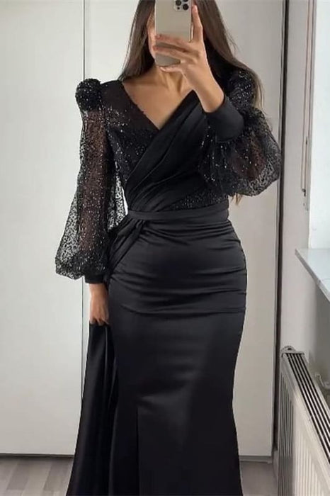 Sequins V-Neck Long Sleeves Mermaid Evening Dress with Split and Ruffle