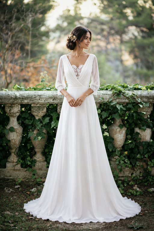Boho 3/4 Sleeves Backless Long Chiffon Beach Wedding Dress