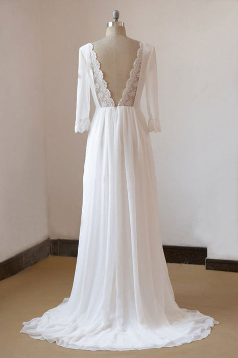 3 4 sleeve backless wedding dress A-line Scoop 3/4 Sleeve Backless Satin Wedding Dresses With Belt Brida SELINADRESS
