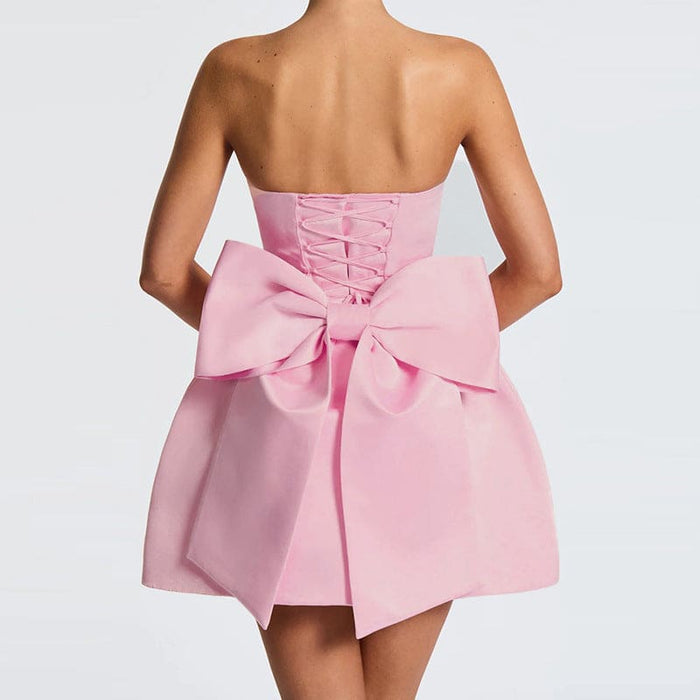 Sexy Backless Satin Prom Dress Strapless Short Homecoming Dress with Bow