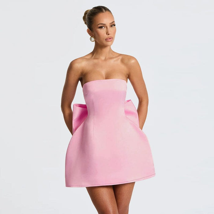 Sexy Backless Satin Prom Dress Strapless Short Homecoming Dress with Bow