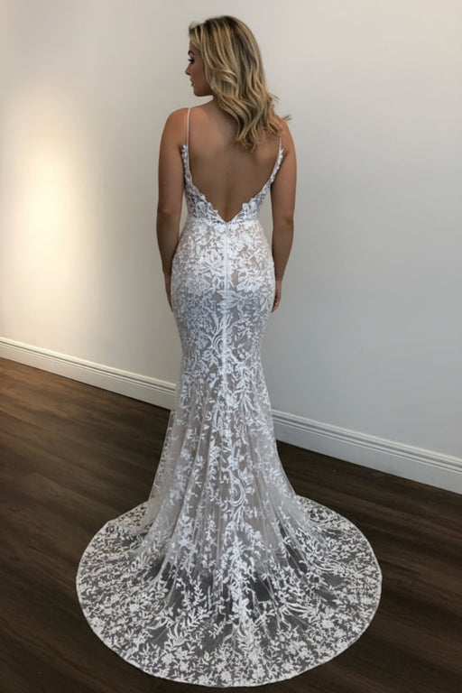 Sexy Mermaid V Neck White Lace Champagne Evening Prom Dress - Dress