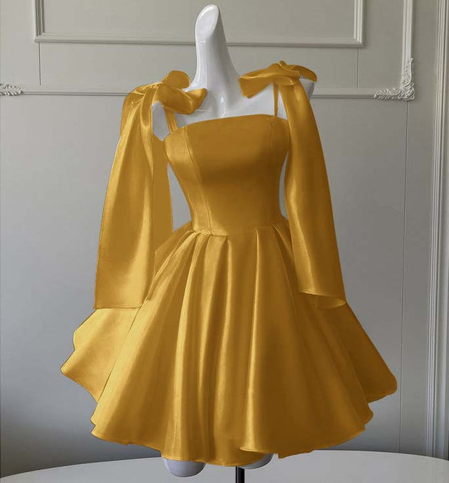 Sexy Satin Aline Homecoming Dress Short Prom Dress with Straps Gold