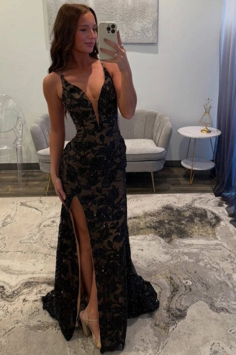 Sexy Spaghetti Straps Black Prom Dress Glitter High Split Prom Dress V Neck