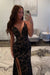 Sexy Spaghetti Straps Black Prom Dress Glitter High Split Prom Dress V Neck