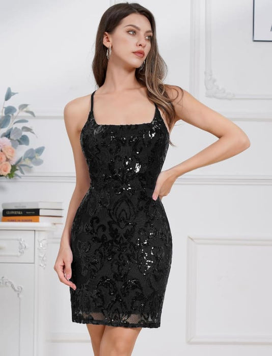 Sexy Spaghetti Straps Black Short Homecoming Dress Sequins Prom Dress