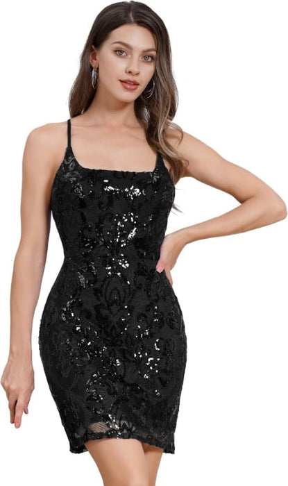 Sexy Spaghetti Straps Black Short Homecoming Dress Sequins Prom Dress