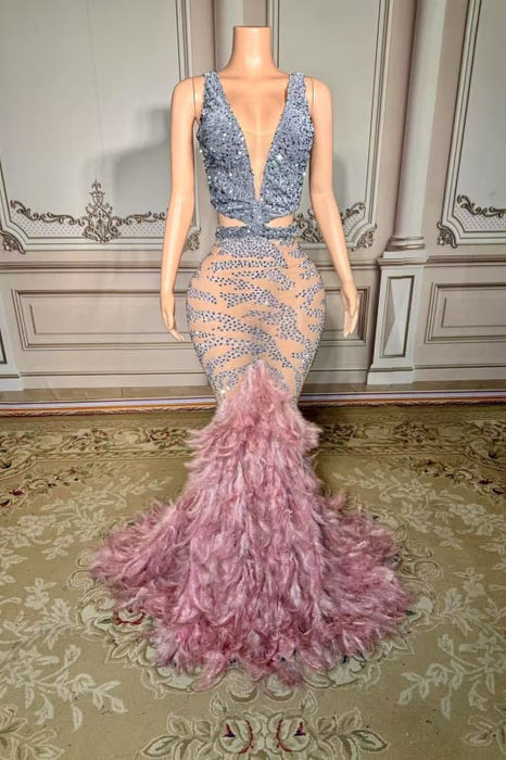 Sexy V-Neck Sequins Feather Mermaid Prom Dress