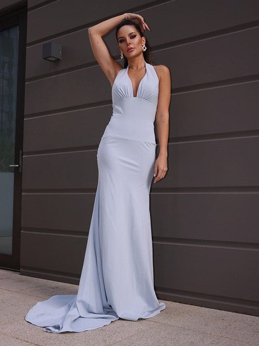 Sheath/Column Stretch Crepe Halter Ruched Sleeveless Sweep/Brush Train Dresses - Prom Dresses