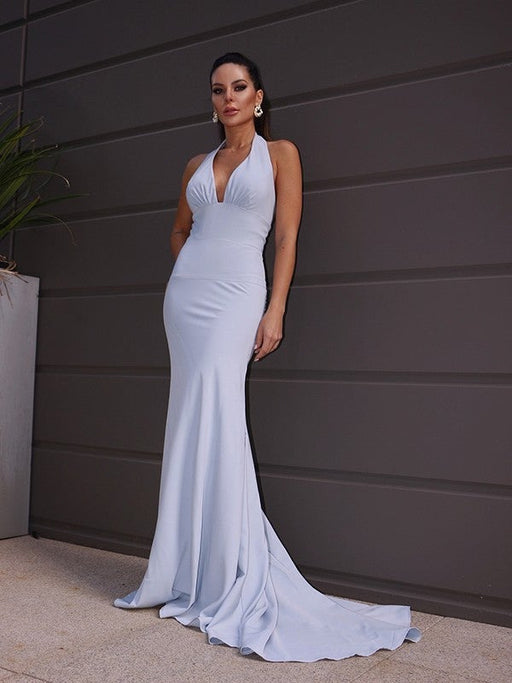Sheath/Column Stretch Crepe Halter Ruched Sleeveless Sweep/Brush Train Dresses - Prom Dresses