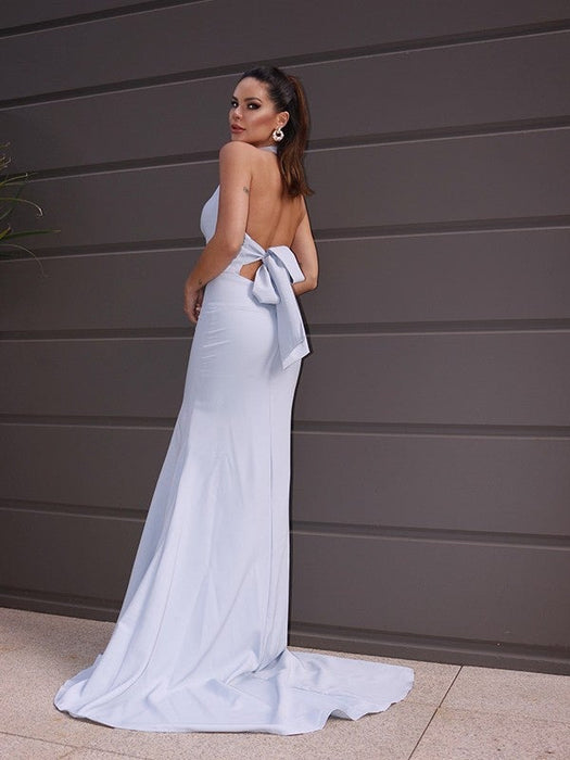 Sheath/Column Stretch Crepe Halter Ruched Sleeveless Sweep/Brush Train Dresses - Prom Dresses