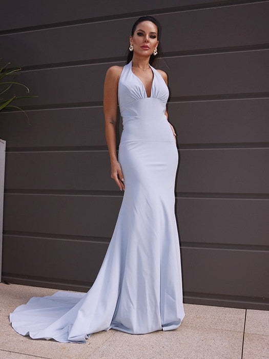 Sheath/Column Stretch Crepe Halter Ruched Sleeveless Sweep/Brush Train Dresses - Prom Dresses