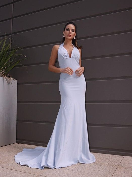 Sheath/Column Stretch Crepe Halter Ruched Sleeveless Sweep/Brush Train Dresses - Prom Dresses