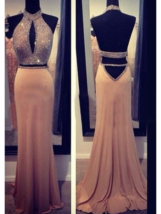 Sheath/Column Halter Sleeveless Beading Chiffon Sweep/Brush Train Dresses - Prom Dresses