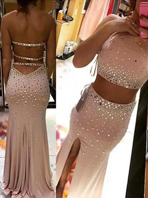 Sheath/Column Halter Sleeveless Beading Sweep/Brush Train Spandex Two Piece Dresses - Prom Dresses