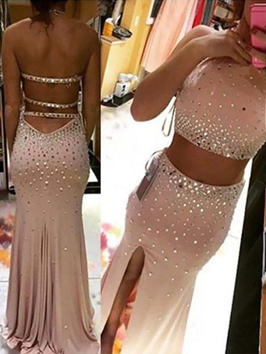 Sheath/Column Halter Sleeveless Beading Sweep/Brush Train Spandex Two Piece Dresses - Prom Dresses
